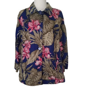 Chico's Tropical Botanical Print 100% Linen Button Front Blouse Size 3 XL